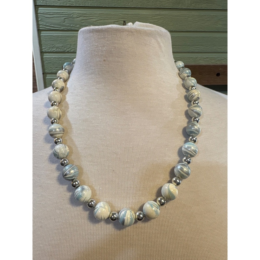 Vintage Marbled Blue White Beaded Necklace Silver Tone Spacer Beads
